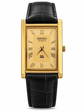 Vintage Seiko Tank watch Gold dial Gold Bezel with Black Strap